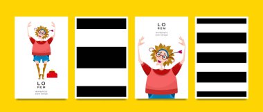 Kart seti. Kadın ve geometrik desen. Dergi kapaklarına, açık hava baskılarına, güzellik sektöründe reklam ve baskılara uygulanabilir..