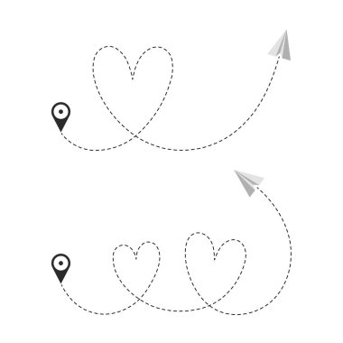 Belirli bir noktadan uçuş çizgisi. Noktalı çizgi ve kağıt uçakla coğrafi konum simgesi. Romantik bir gezi. Kalp şeklinde uçuş çizgisi. İzole vektör ögeleri.
