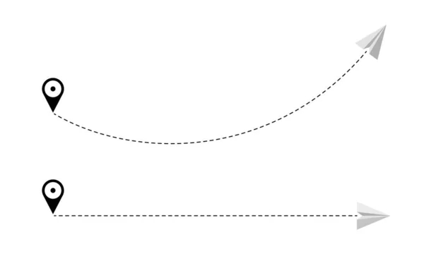 Лінія Польоту Заданої Точки Піктограма Геолокації Пунктирною Лінією Паперовим Літаком — стоковий вектор