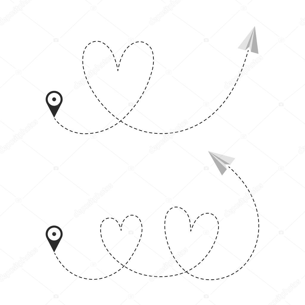 Flight line from a given point. Geolocation icon with dotted line and paper airplane. Romantic trip. Flight line in the shape of hearts. Isolated vector elements.