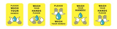 Etiket ya da isim kalıbı. Viral bulaşıcı hastalıkların önlenmesi için öneriler. Sağlığı korumak için önleyici bir önlem. Lütfen ellerini yıka! İzole vektör ögeleri.