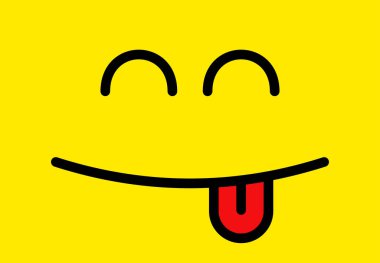 Arkaplanda yüz ifadeleri var. Duygusal bir geçmiş. Gözleri, ağzı ve dili olan neşeli bir gülümseme. Vektör illüstrasyonu.