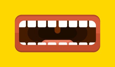 Büyük insan ağızlı bir afiş. Dil ve dişlerle ağzını aç. Bağıran ya da konuşan biri. Vektör illüstrasyonu