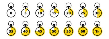 Zamanlayıcı / veya kronometre simgeleri ayarlandı. Yemek pişirme veya ambalaj ürünleri, uygulamalar, web siteleri ve diğer internet kaynaklarının bir sembolü. İzole vektör ögeleri.