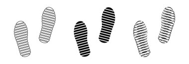 Düz doğrusal tasarım. Farklı insan ayak izleri. Siyah siluetler beyaz arkaplanda izole edilmiş. Vektör illüstrasyonu