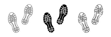 Düz doğrusal tasarım. Farklı insan ayak izleri. Siyah siluetler beyaz arkaplanda izole edilmiş. Vektör illüstrasyonu