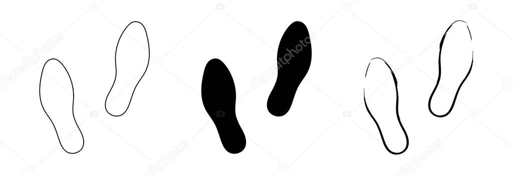 Flat linear design. Different human footprints. Black silhouettes isolated on white background. Vector illustration