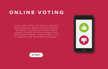 İş afişi, arka plan. Çevrimiçi oylama. Kırmızı arka planda oy kullanma sembolleri olan cep telefonu. İş yeri. İyi ve kötü. Vektör illüstrasyonu.