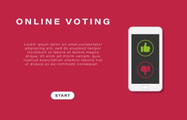 İş afişi, arka plan. Çevrimiçi oylama. Kırmızı arka planda oy kullanma sembolleri olan cep telefonu. İş yeri. İyi ve kötü. Vektör illüstrasyonu.