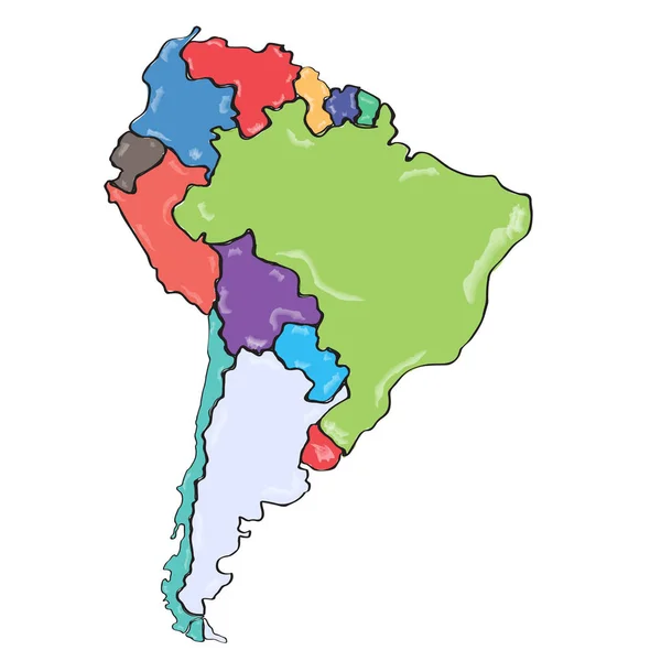 Képregény, Dél-Amerika politikai térképét rajza — Stock Vector