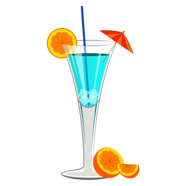 Blauwe cocktail met stukjes sinaasappel — Stockvector