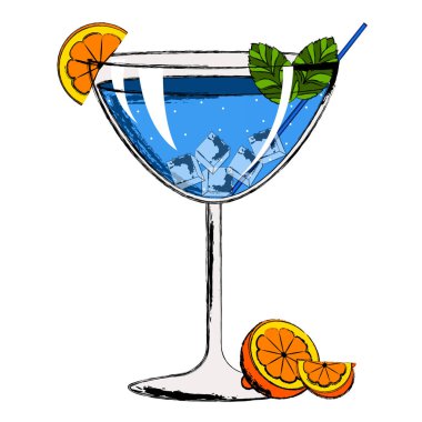 Mavi kokteyl portakal dilimleri ile