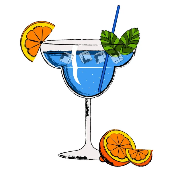 Blå cocktail med apelsinskivor — Stock vektor