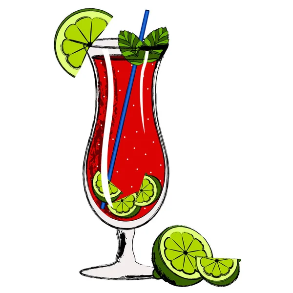 Rode cocktail met plakjes citroen — Stockvector