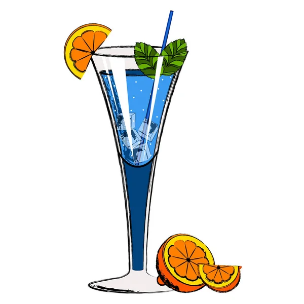 Blauer Cocktail mit Orangenscheiben — Stockvektor