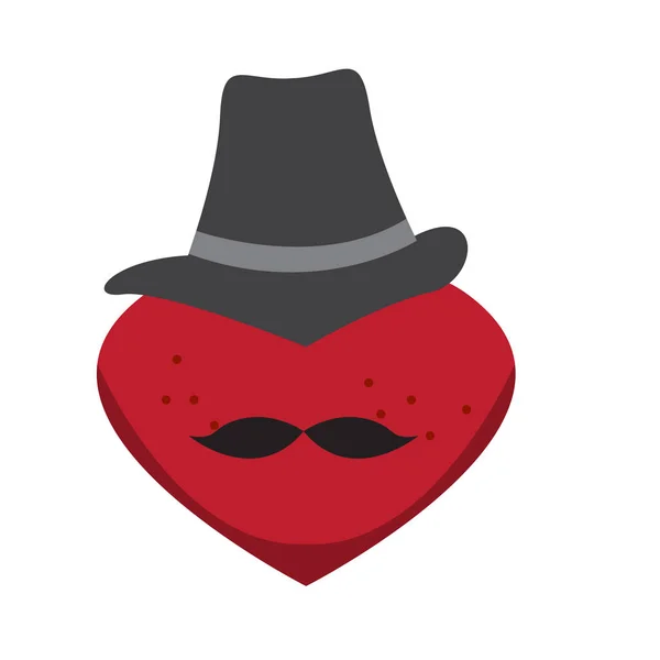 Hjärta form med hatt och mustasch ikon — Stock vektor