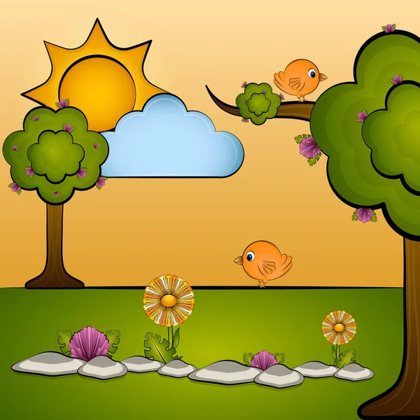 Beautiful spring landscape cartoon