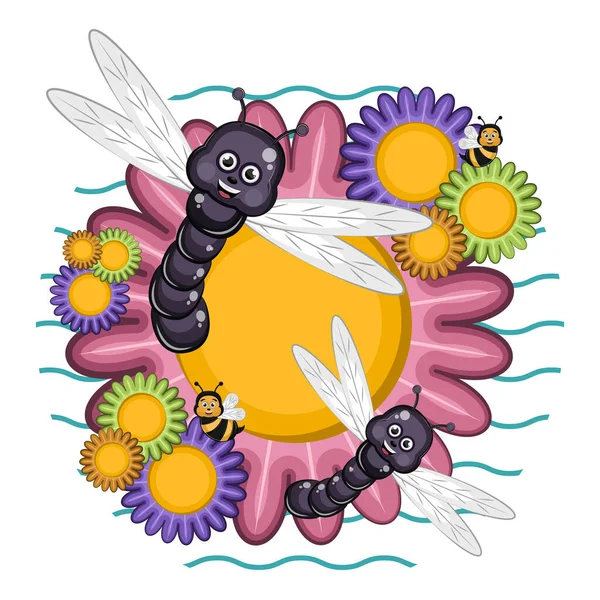 Libélulas e abelhas bonitos — Vetor de Stock