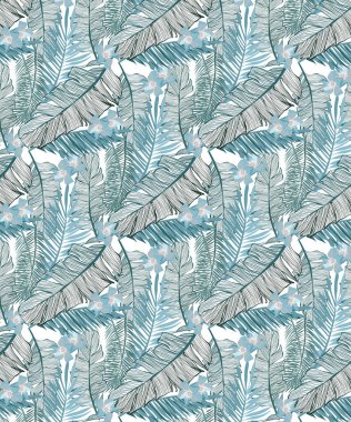 muz yaprakları ve tropikal çiçekler vektörsüz desen