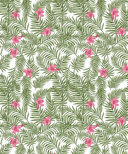 Palmblad Och Blommor Grön Vektor Sömlös Mönster — Stock vektor