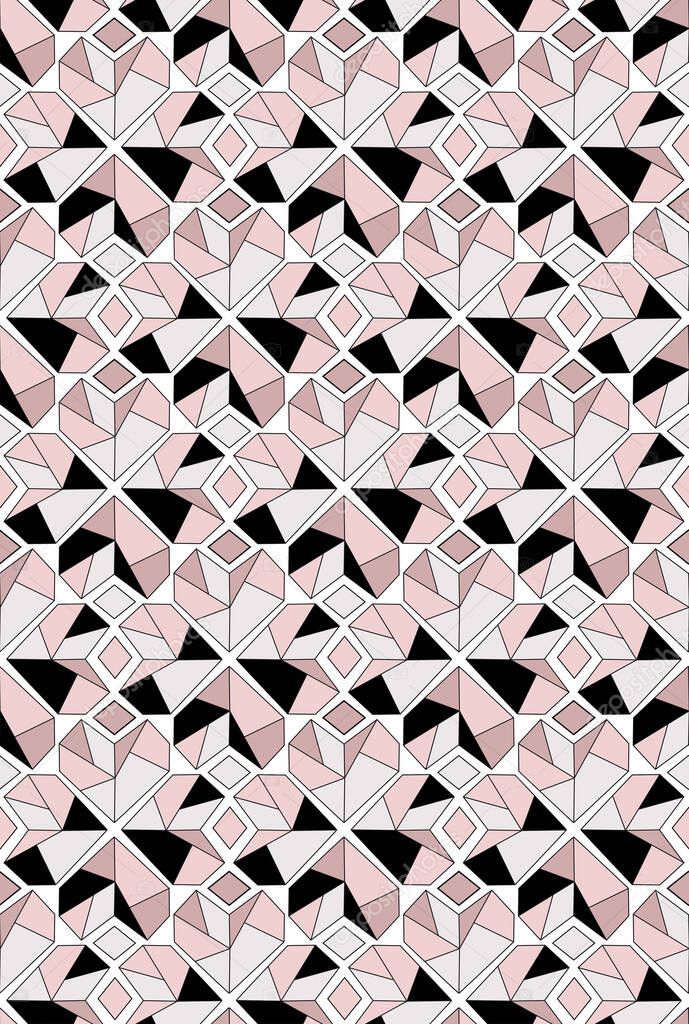 Minimal geometric hearts vector seamless pattern,in pink and black