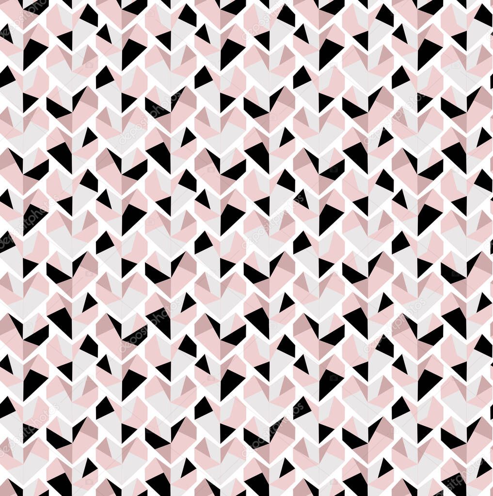 Minimal geometric hearts vector seamless pattern,in pink and black