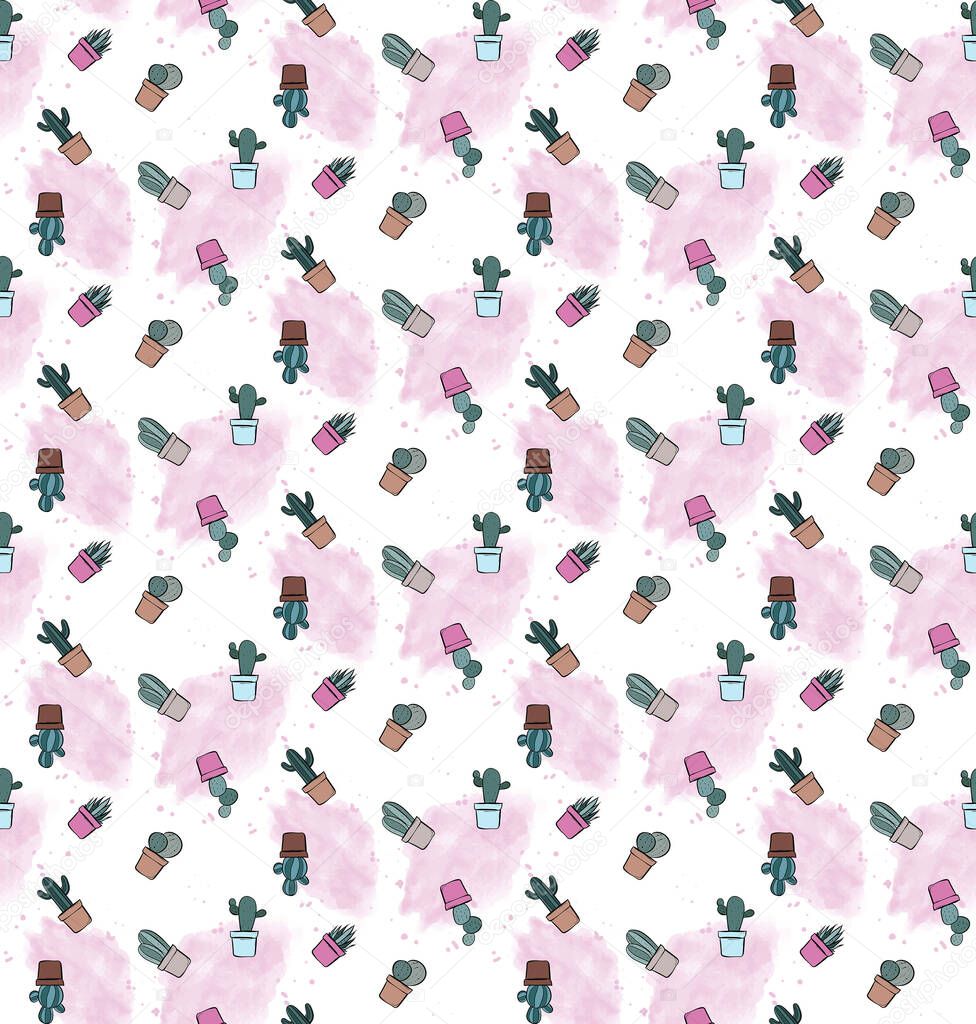 Cactus and watercolor spot seamless vector pattern. A beautiful and unique pattern, perfect for fabric and wallpaper, ideal for interiors. Essencial, girly, with a nordic touch.This artwork is the perfect mix of style and relevant design trends. 