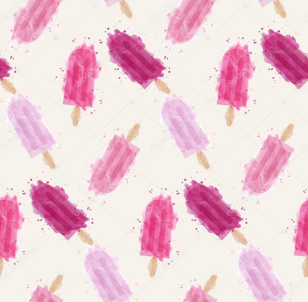 Popsicle vector seamless pattern with watercolor effect in a bright pink color palette. beautiful and unique , perfect for fabric and wallpaper, ideal for interiors. Essencial, girly, is the perfect mix of style and relevant design trends. 