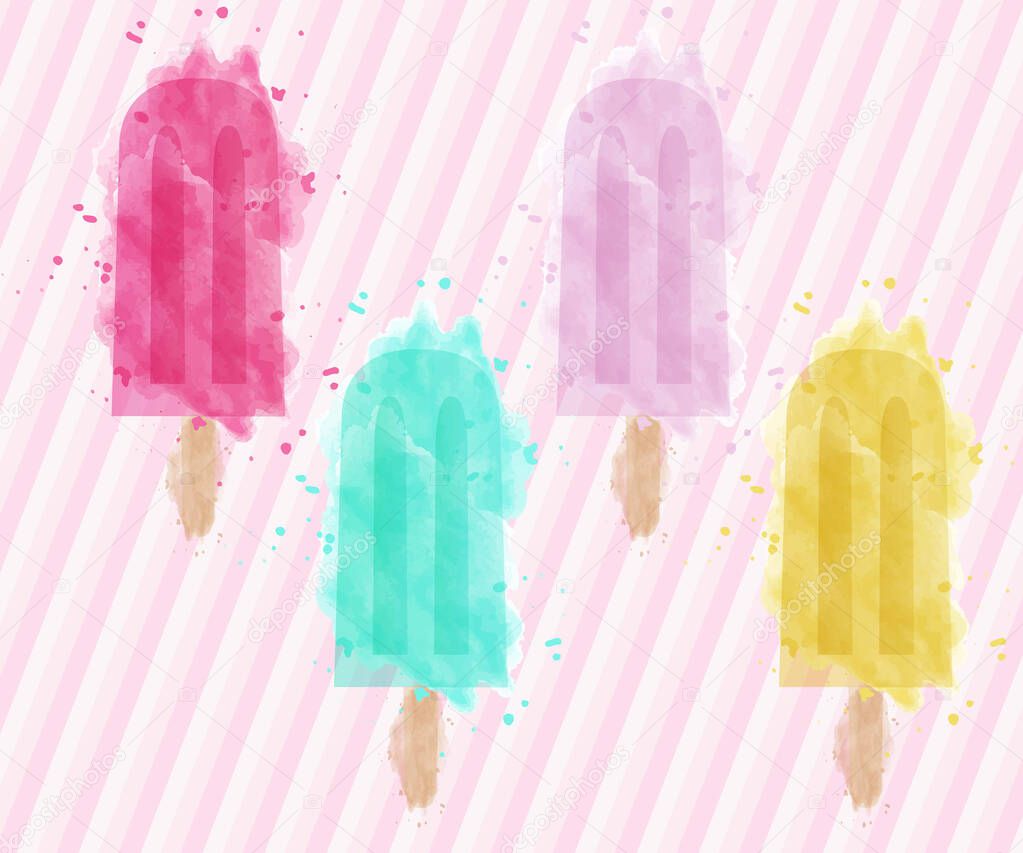 set of 4 Popsicle vector illustration with watercolor effect. beautiful and unique , perfect for fabric and wallpaper, ideal for interiors. Essencial, girly, with a nordic touch.This artwork is the perfect mix of style and relevant design trends. 
