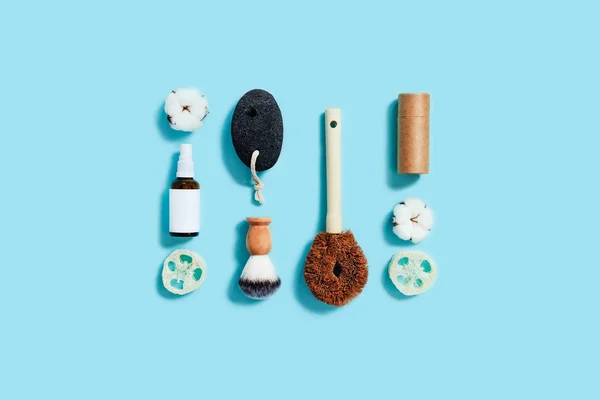 Zero waste accessories on blue background.