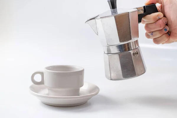 Kaffeemaschine Weiße Frühstückstasse Auf Weißem Hintergrund — Stockfoto