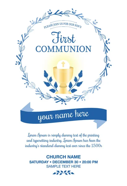 First Holy Communion Invitation Boys Flowers Frame Chalice Blue Tones — Stock Vector