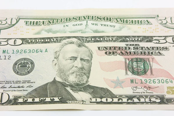 Padesát Dolarů Bankovky Hotovosti Bílém Pozadí — Stock fotografie