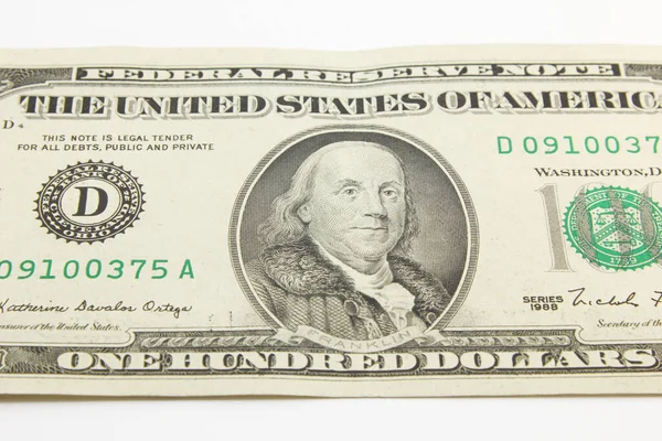 100 Dolarů Bankovky Bílém Pozadí — Stock fotografie