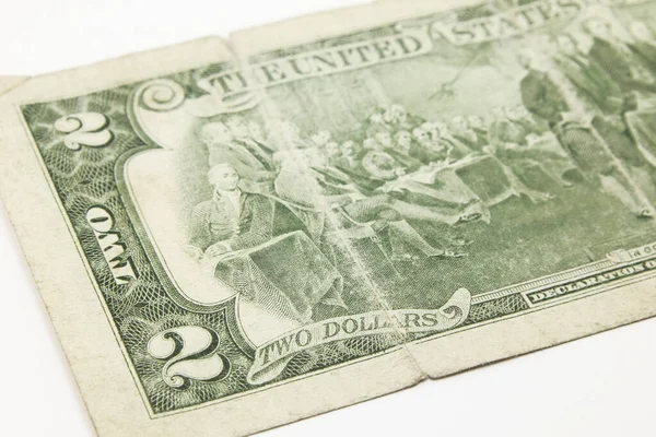 Två Dollarsedlar Kontanter Vit Bakgrund — Stockfoto