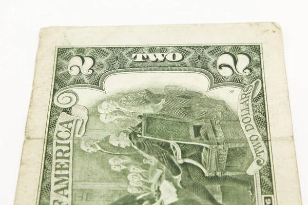 Twee Dollar Biljetten Contanten Witte Achtergrond — Stockfoto