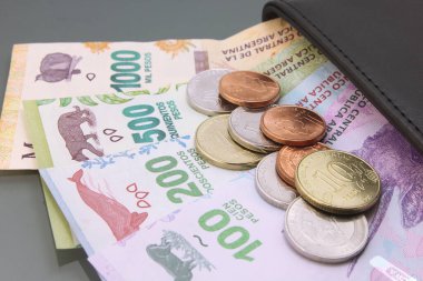 Arjantin parası - Arjantin parası, Pesos Argentinos, bir cüzdanın içinde çeşitli banknotlar ve paralar, karanlık arka planda yakın plan. Nakit para