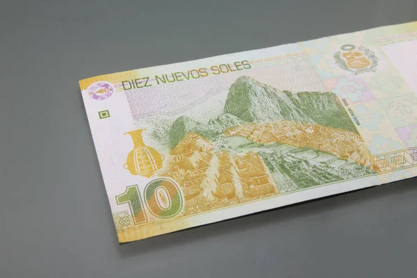 Peru Money Moeda Peru Ten Nuevos Soles Close Fundo Escuro — Fotografia de Stock