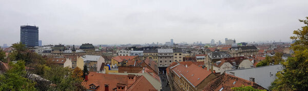 Panorama on a Zagreb, Croatia. Look from old part of city, on a modern part of city. In distance you can see tower of Zagreb.