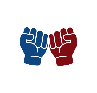 İzole soyut mavi ve kahverengi renk yumruklar logosu. İnsan elleri logotipi. Sıkılmış yumruklar simgesi. Agresif devrimci jest işareti. Protesto sembolü. Vektör çizimi.