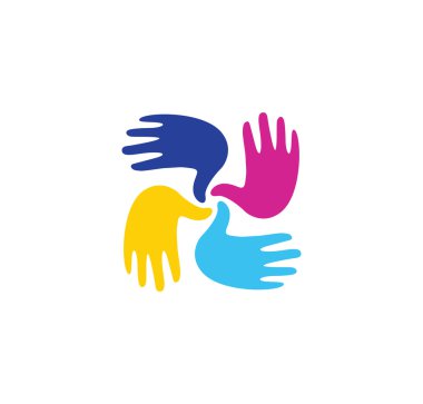 İzole soyut renkli çocuk elleri birlikte logo. Çocuklar oyun odası logotürü. Anaokulu tabelası. Boya sembolündeki el izleri. Sanat okulu amblemi. Vektör çizimi.