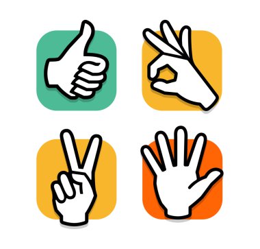 İzole soyut renkli sosyal ağ logosu ayarlayın. İnsan elleri ve parmakları logotipleri. Web sitesi düğmeleri toplama. Başparmak yukarı, tamam, barış, beş işaret ver. Zafer, merhaba sembolü gibi. Vektör çizimi.