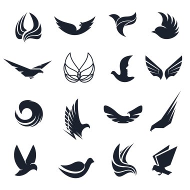 Izole soyut siyah beyaz kuşlar, tüyleri logo seti ile kelebekkanatları. Uçuş logo koleksiyonu. Hava simgeleri. Vektör illüstrasyon. Kartal, güvercin, şahin silueti .