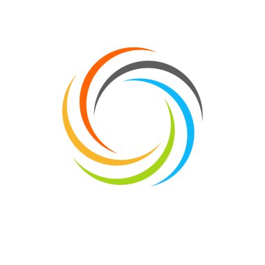 İzole soyut renkli dairesel güneş logosu. Yuvarlak şekil gökkuşağı logotürü. Girdap, kasırga ve kasırga simgesi. Hipnotik spiral işareti. Fotoğraf lens sembolü. Vektör çizimi.