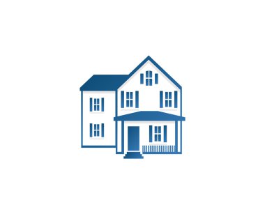 Soyut mavi renkli ev kontur logo izole. Emlak bina logo. Satınalma özellik iş simgesi. Şirket amblemi Kiralık Daire. Vektör çizim.