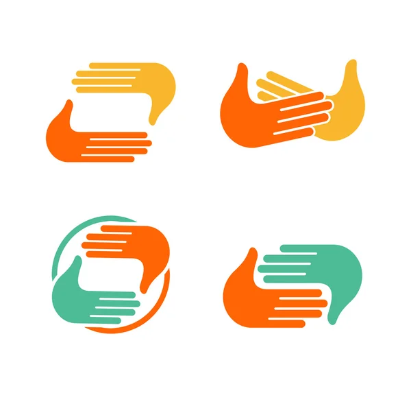 Geïsoleerde abstracte klappen handen logo set. Geef vijf logotype-collectie. Schudden handen teken. Groet symbool. Positief vriendelijke feliciteren gebaar icoon. Foto-opnamestudio. Vector illustratie. — Stockvector