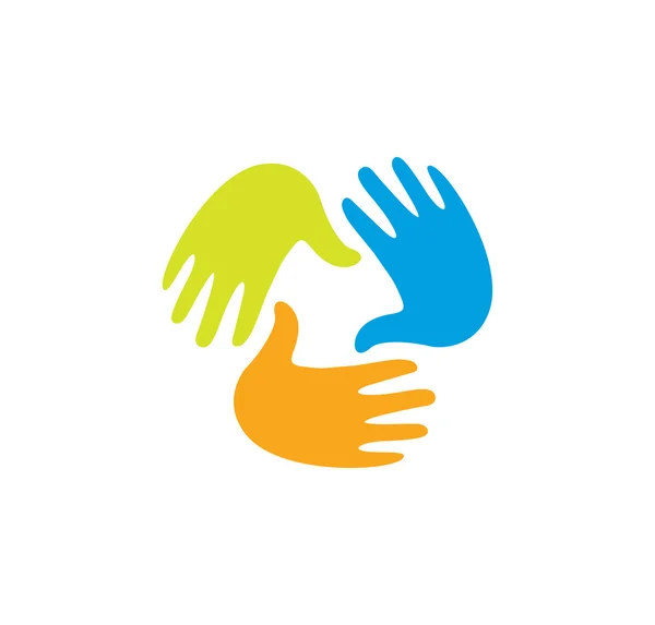Изолированные абстрактные красочные дети руки вместе логотип. Логотип детской игровой комнаты. Знак детского сада. Отпечатки рук на символе краски. Эмблема художественной школы. Векторная иллюстрация . — стоковый вектор