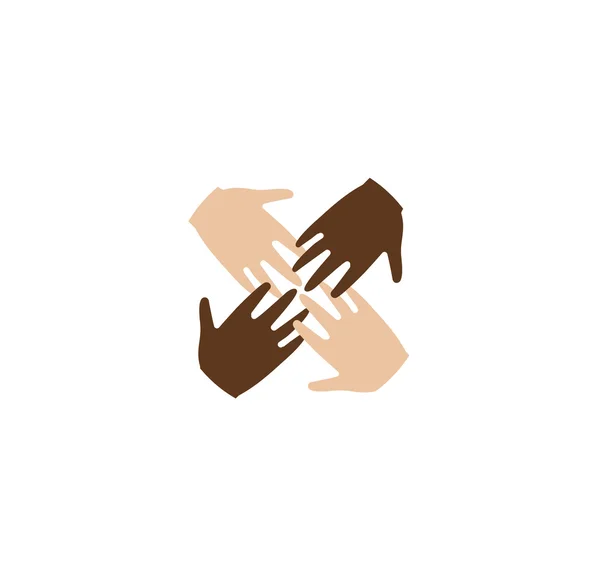 Isolé abstrait quatre mains humaines de peau brune et blanche ensemble logo. Logotype anti racisme. Signe d'amitié internationale. Symbole d'égalité des personnes. Illustration vectorielle . — Image vectorielle