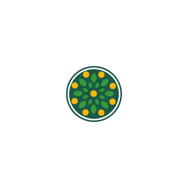 Isolato astratto forma rotonda logo di colore verde. Logotipo decorativo floreale. Foglie con segno di frutta arancione. Simbolo di prodotti sani . — Vettoriale Stock