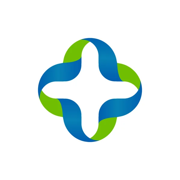 Logotipo de vetor cruzado de cores azul e verde abstrato isolado. Esboçado mais sinal. Ícone médico. Logótipo aritmético. Ilustração . — Vetor de Stock